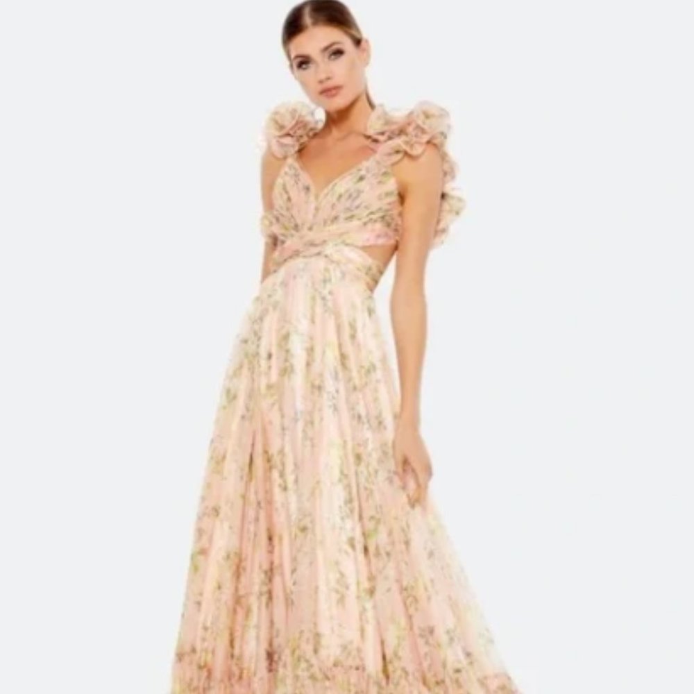 Mac Duggal ruffle tiered floral cut-out chiffon gown